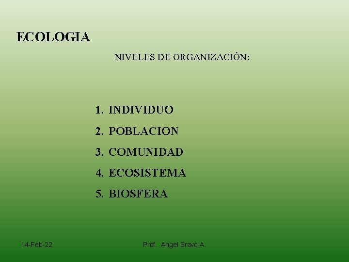 ECOLOGIA NIVELES DE ORGANIZACIÓN: 1. INDIVIDUO 2. POBLACION 3. COMUNIDAD 4. ECOSISTEMA 5. BIOSFERA