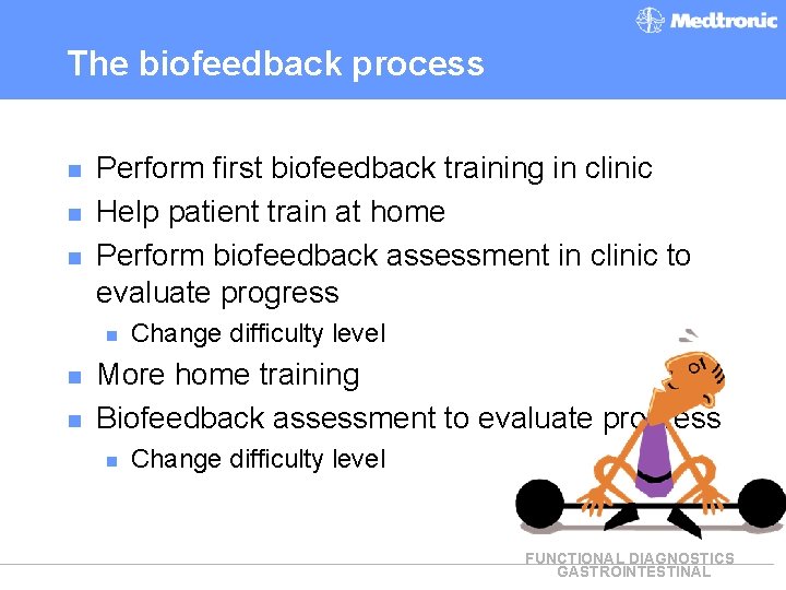 The biofeedback process n n n Perform first biofeedback training in clinic Help patient