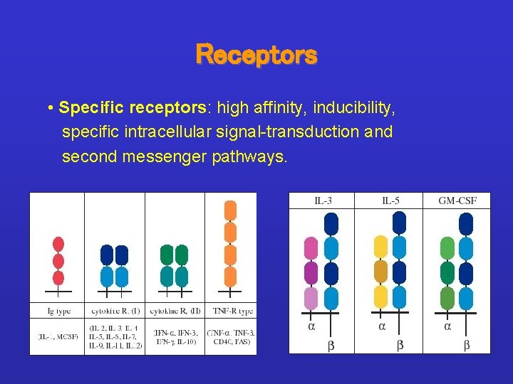 Receptors • Specific receptors: high affinity, inducibility, specific intracellular signal-transduction and second messenger pathways.