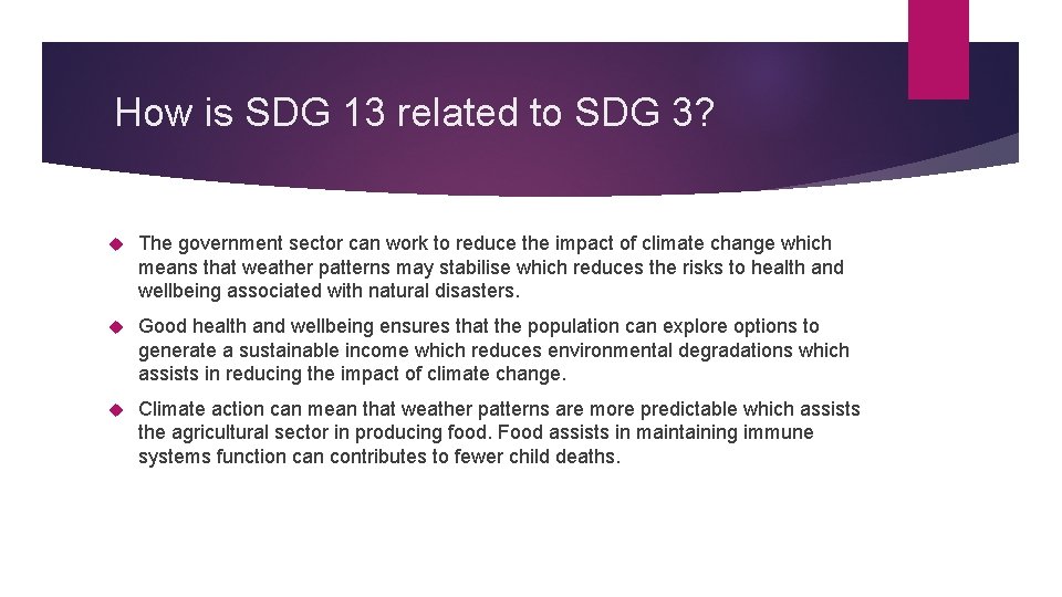 How is SDG 13 related to SDG 3? The government sector can work to