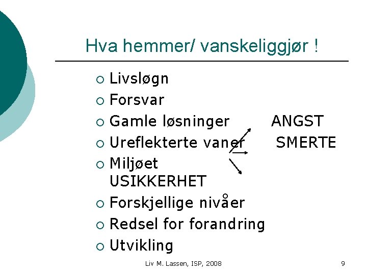 Hva hemmer/ vanskeliggjør ! Livsløgn ¡ Forsvar ¡ Gamle løsninger ANGST ¡ Ureflekterte vaner