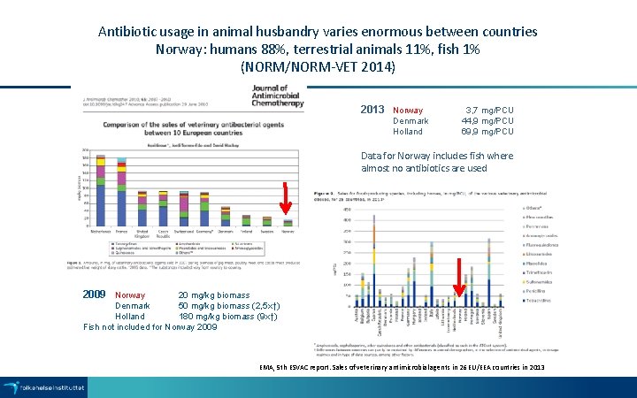Antibiotic usage in animal husbandry varies enormous between countries Norway: humans 88%, terrestrial animals