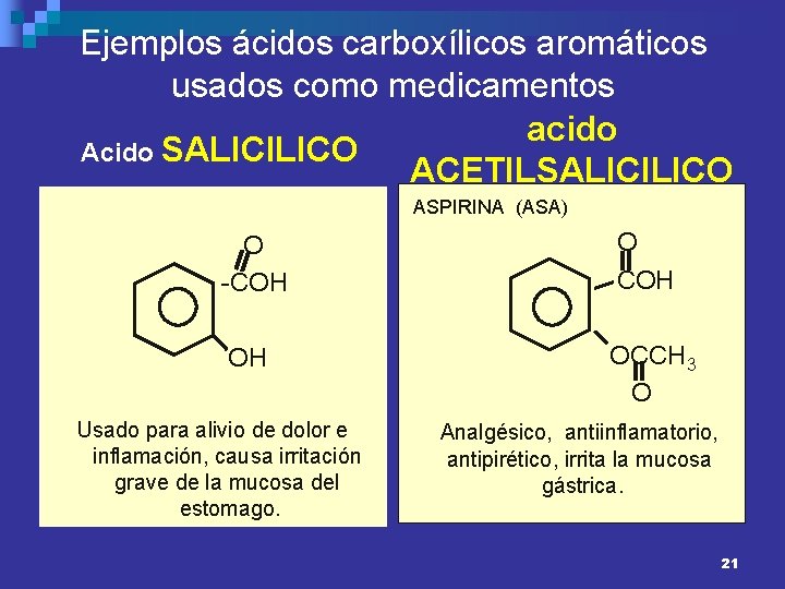 Ejemplos ácidos carboxílicos aromáticos usados como medicamentos acido Acido SALICILICO ACETILSALICILICO ASPIRINA (ASA) O