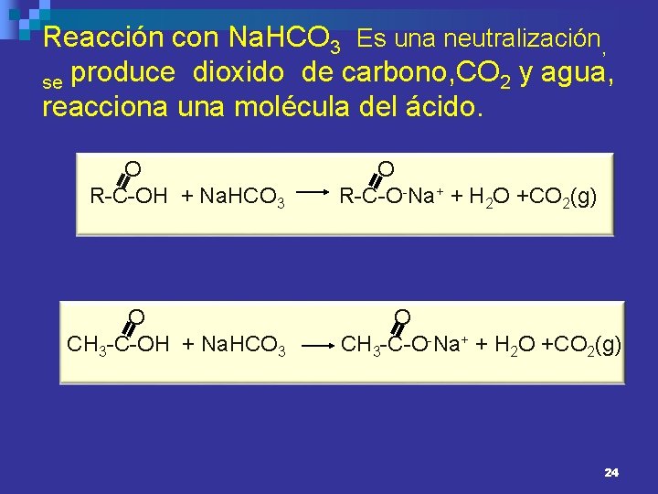 Reacción con Na. HCO 3 Es una neutralización, se produce dioxido de carbono, CO