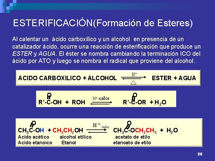 ESTERIFICACIÓN(Formación de Esteres) Al calentar un ácido carboxílico y un alcohol en presencia de