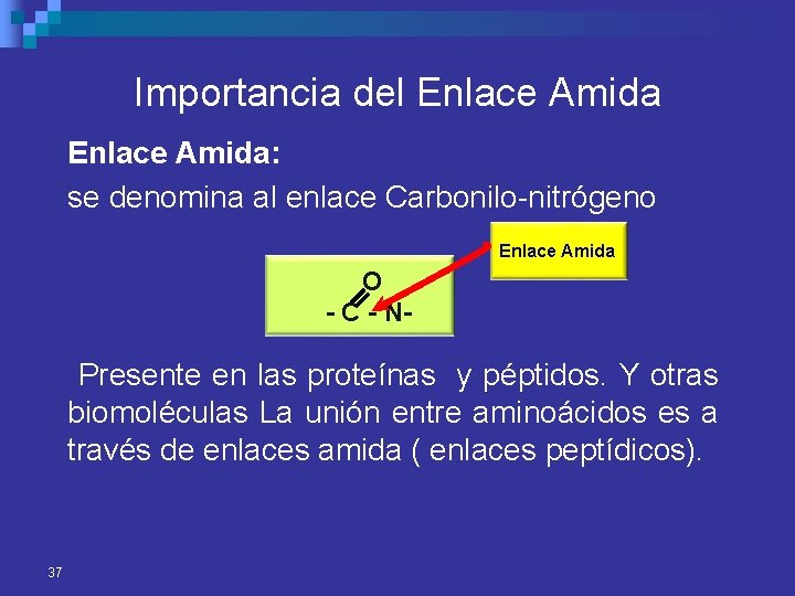 Importancia del Enlace Amida: se denomina al enlace Carbonilo-nitrógeno Enlace Amida O - C