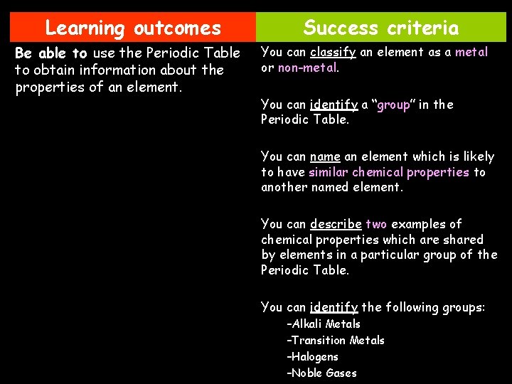Learning outcomes Be able to use the Periodic Table to obtain information about the