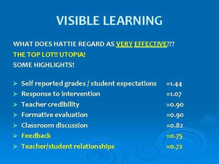 VISIBLE LEARNING WHAT DOES HATTIE REGARD AS VERY EFFECTIVE? ? ? THE TOP LOT!!