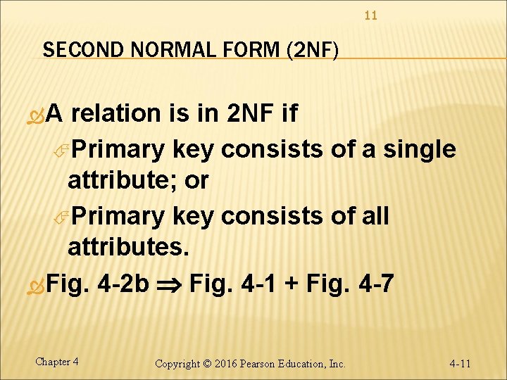 11 SECOND NORMAL FORM (2 NF) A relation is in 2 NF if Primary