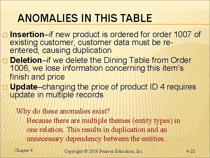 ANOMALIES IN THIS TABLE Insertion–if new product is ordered for order 1007 of existing