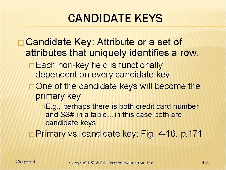 CANDIDATE KEYS � Candidate Key: Attribute or a set of attributes that uniquely identifies