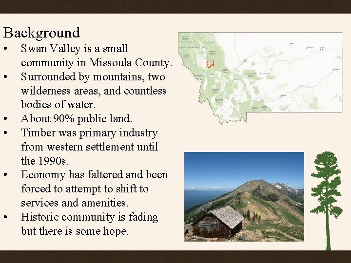 Background • • • Swan Valley is a small community in Missoula County. Surrounded