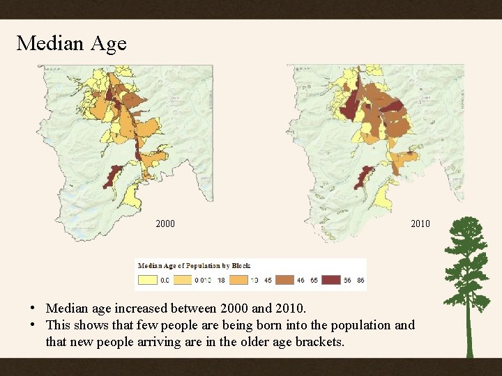Median Age 2000 2010 • Median age increased between 2000 and 2010. • This