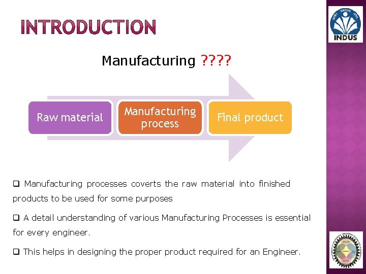 Manufacturing ? ? Raw material Manufacturing process Final product q Manufacturing processes coverts the