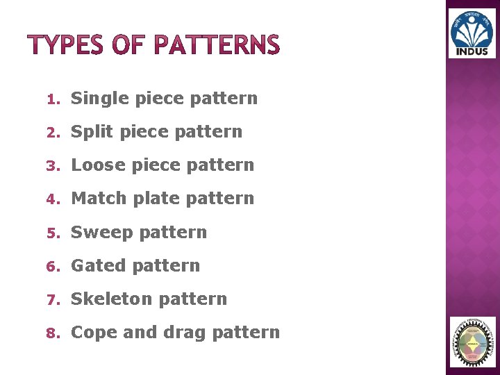 1. Single piece pattern 2. Split piece pattern 3. Loose piece pattern 4. Match