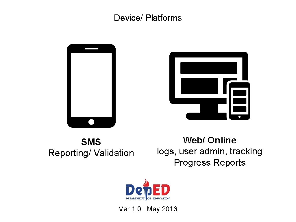 Device/ Platforms SMS Reporting/ Validation Web/ Online logs, user admin, tracking Progress Reports Ver