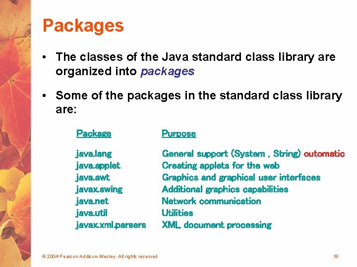 Packages • The classes of the Java standard class library are organized into packages