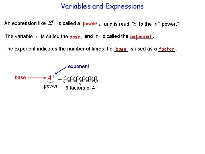 Variables and Expressions An expression like xn power and is read, “x to the