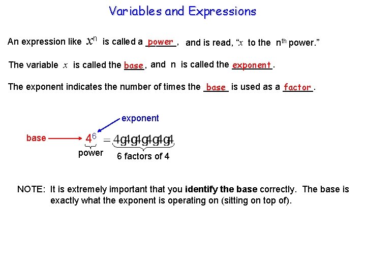 Variables and Expressions An expression like xn power and is read, “x to the