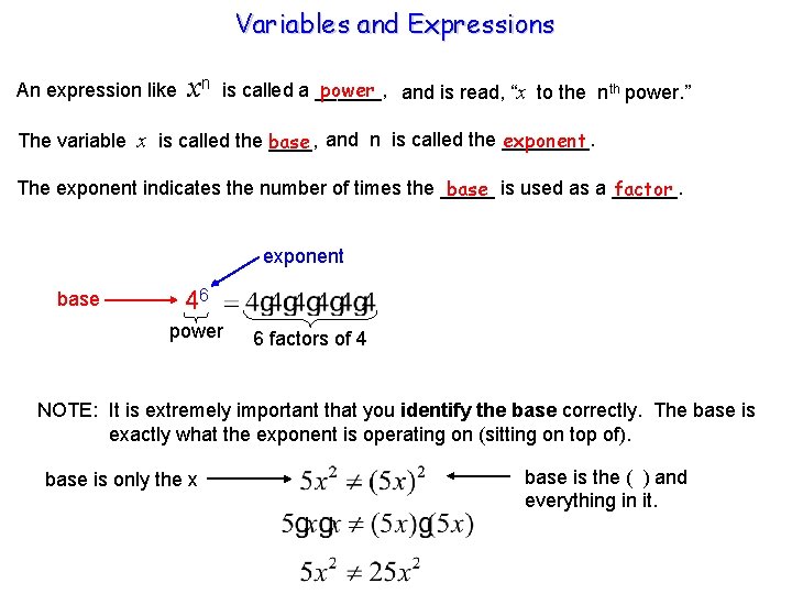 Variables and Expressions An expression like xn power and is read, “x to the