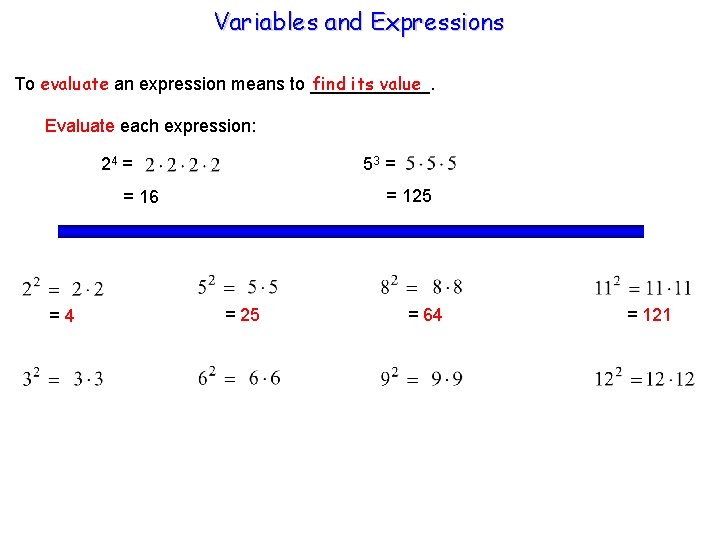 Variables and Expressions find its value To evaluate an expression means to ______. Evaluate