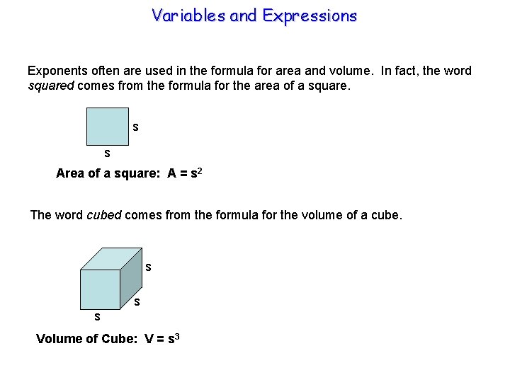 Variables and Expressions Exponents often are used in the formula for area and volume.