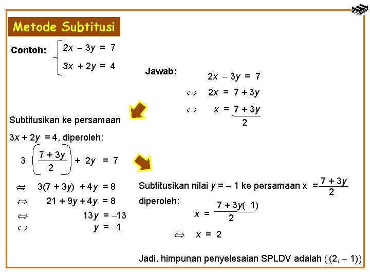 Metode Subtitusi Contoh: 2 x 3 y = 7 3 x + 2 y