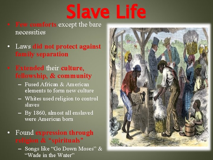 Slave Life • Few comforts except the bare necessities • Laws did not protect