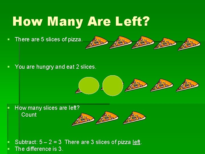 How Many Are Left? § There are 5 slices of pizza. § You are