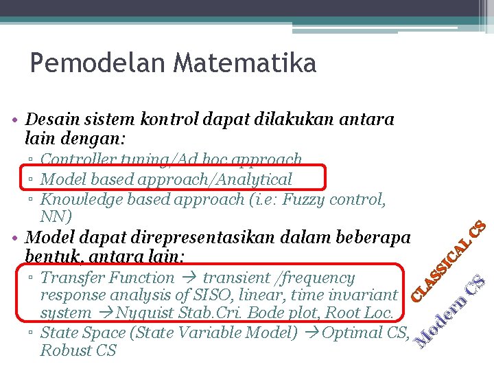 Pemodelan Matematika • Desain sistem kontrol dapat dilakukan antara lain dengan: ▫ Controller tuning/Ad Pemodelan Matematika • Desain sistem kontrol dapat dilakukan antara lain dengan: ▫ Controller tuning/Ad