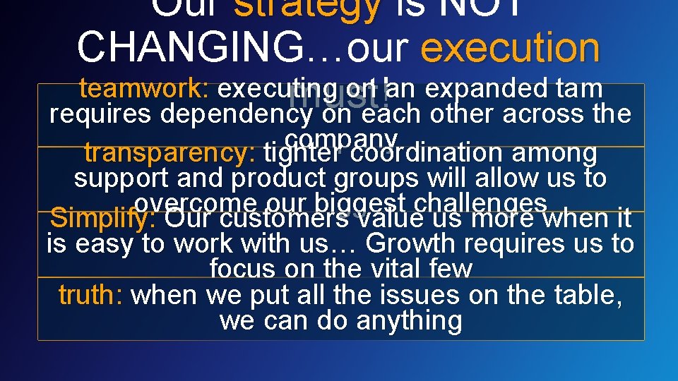 Our strategy is NOT CHANGING…our execution teamwork: executing on an expanded tam must! requires