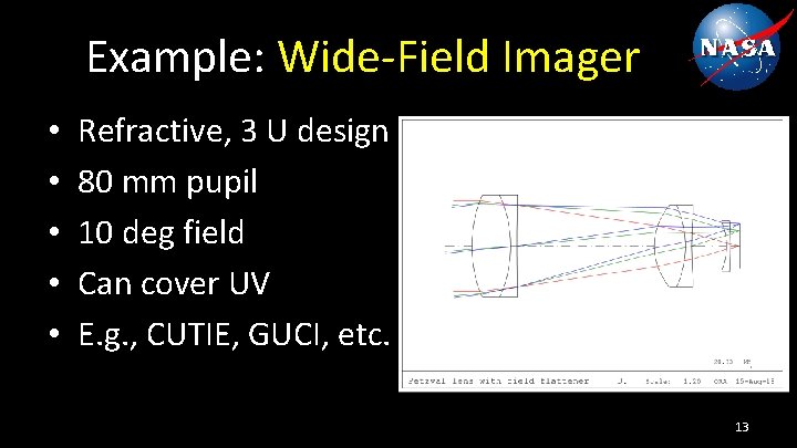 Example: Wide-Field Imager • • • Refractive, 3 U design 80 mm pupil 10