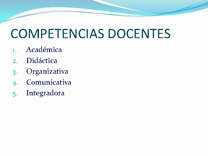 COMPETENCIAS DOCENTES 1. 2. 3. 4. 5. Académica Didáctica Organizativa Comunicativa Integradora 