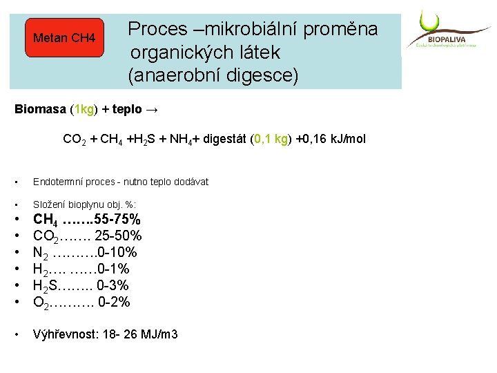 Metan CH 4 Proces –mikrobiální proměna organických látek (anaerobní digesce) Biomasa (1 kg) +