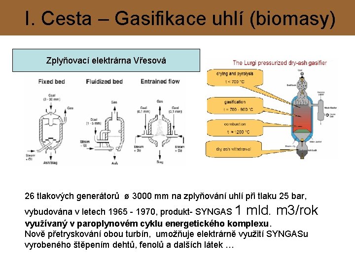 I. Cesta – Gasifikace uhlí (biomasy) Zplyňovací elektrárna Vřesová 26 tlakových generátorů ø 3000