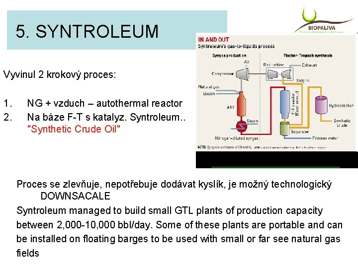 5. SYNTROLEUM Vyvinul 2 krokový proces: 1. 2. NG + vzduch – autothermal reactor