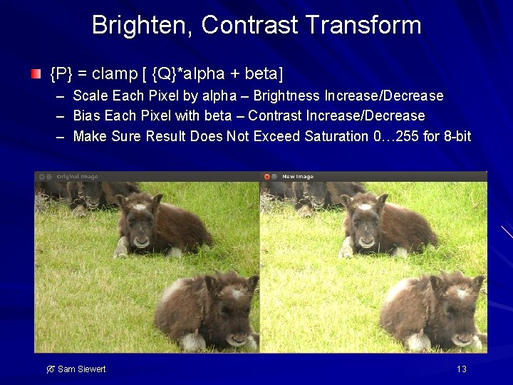 Brighten, Contrast Transform {P} = clamp [ {Q}*alpha + beta] – Scale Each Pixel