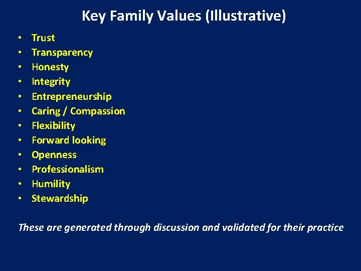 Key Family Values (Illustrative) • • • Trust Transparency Honesty Integrity Entrepreneurship Caring /