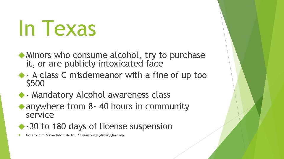 In Texas Minors who consume alcohol, try to purchase it, or are publicly intoxicated