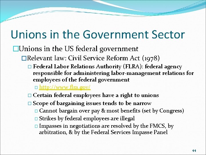 Unions in the Government Sector �Unions in the US federal government �Relevant law: Civil