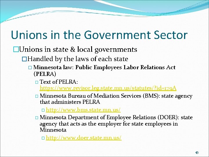 Unions in the Government Sector �Unions in state & local governments �Handled by the