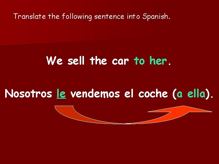 Translate the following sentence into Spanish. We sell the car to her. Nosotros le