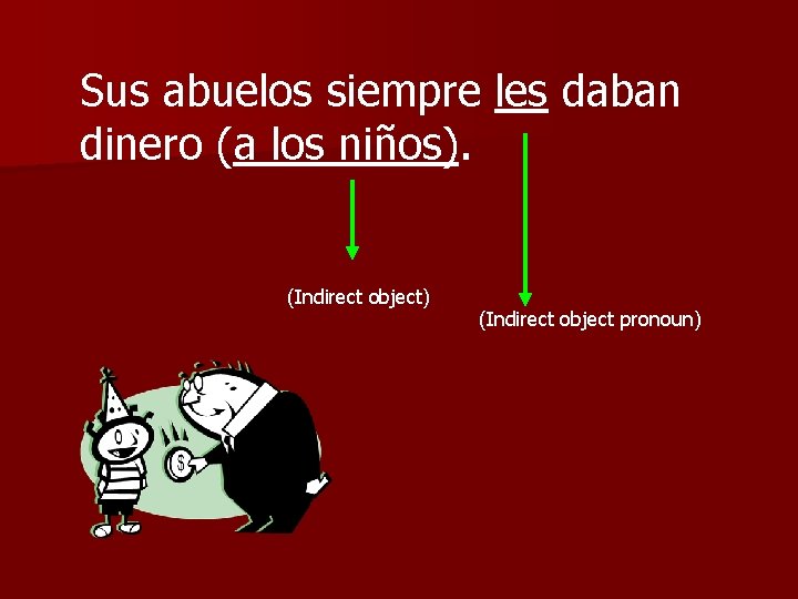 Sus abuelos siempre les daban dinero (a los niños). (Indirect object) (Indirect object pronoun)