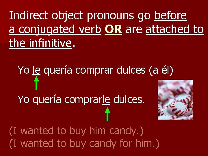 Indirect object pronouns go before a conjugated verb OR are attached to the infinitive.