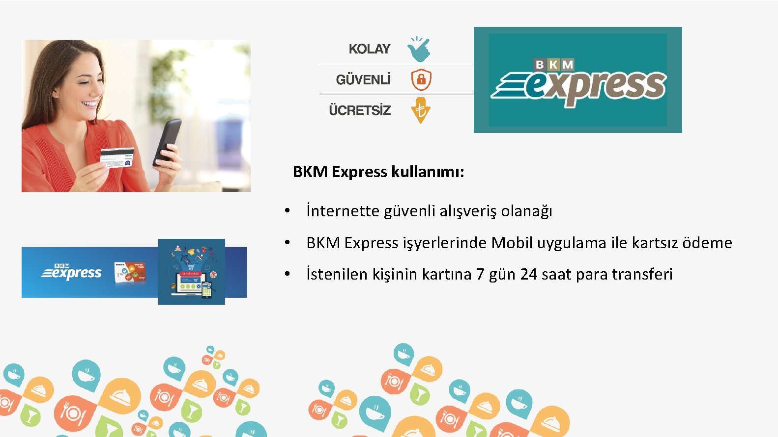 BKM Express kullanımı: • İnternette güvenli alışveriş olanağı • BKM Express işyerlerinde Mobil uygulama