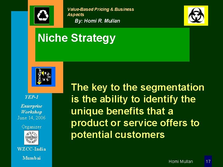 Value-Based Pricing & Business Aspects By: Homi R. Mullan Niche Strategy YEP-1 Enterprise Workshop