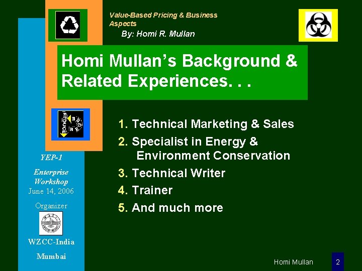 Value-Based Pricing & Business Aspects By: Homi R. Mullan Homi Mullan’s Background & Related