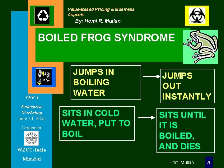 Value-Based Pricing & Business Aspects By: Homi R. Mullan BOILED FROG SYNDROME YEP-1 Enterprise