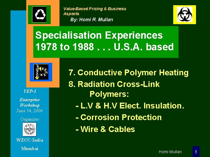 Value-Based Pricing & Business Aspects By: Homi R. Mullan Specialisation Experiences 1978 to 1988.