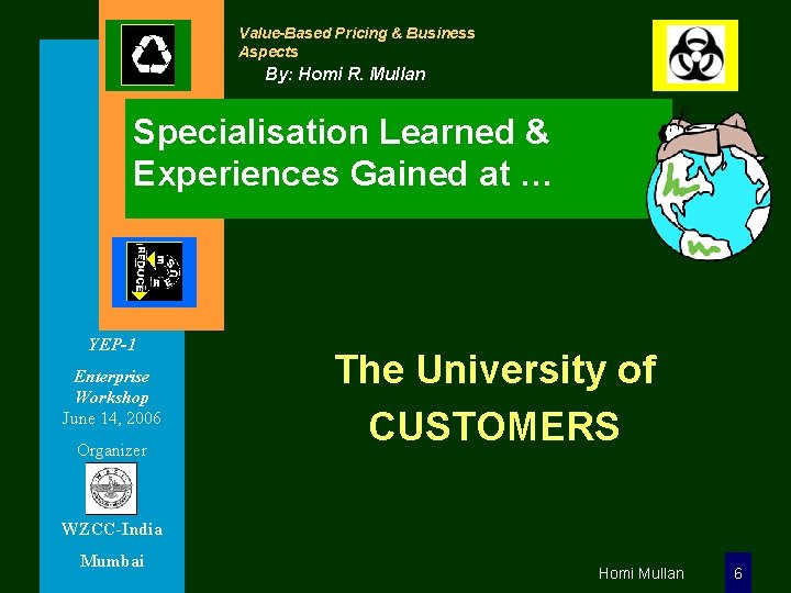 Value-Based Pricing & Business Aspects By: Homi R. Mullan Specialisation Learned & Experiences Gained